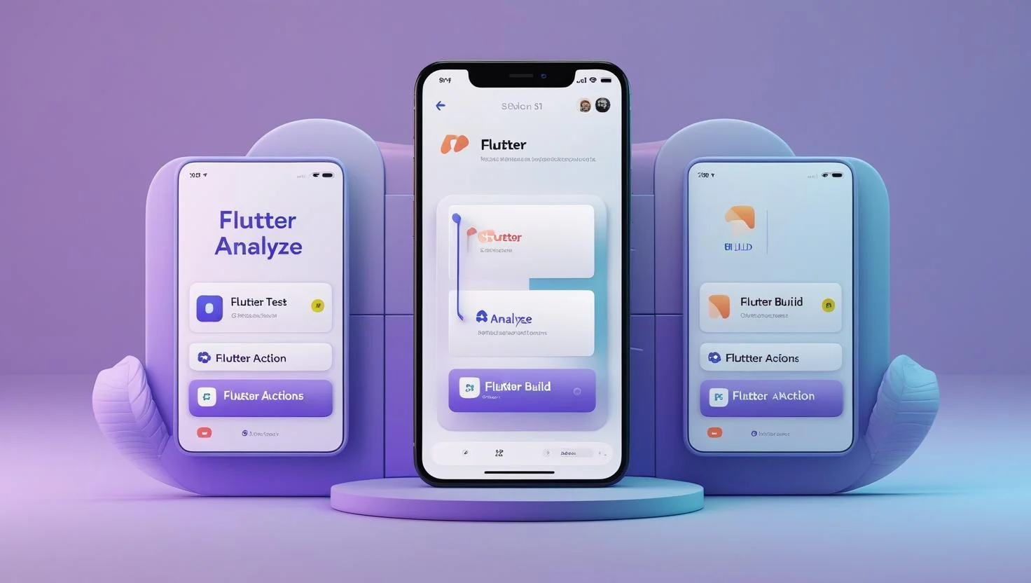 CICD Testing Workflow 3D GitHub Actions dashboard for Flutter analyze, test, and build with example app emulator