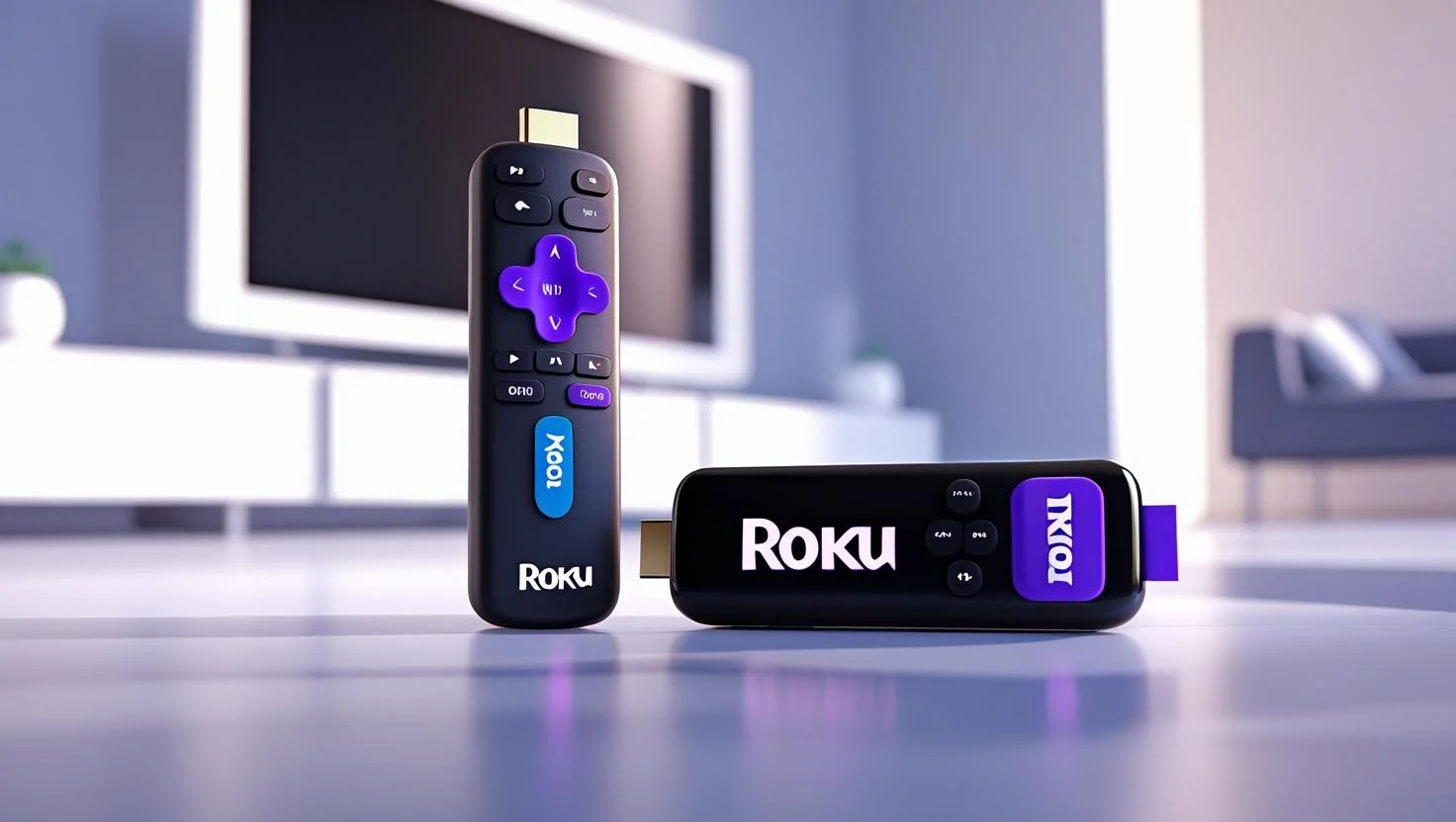 Compact 4K Streaming Stick with Distinctive Remote Small rectangular black streaming stick placed beside a remote with a colorful navigation pad, in a bright home entertainment setup with a wall‑mounted TV.