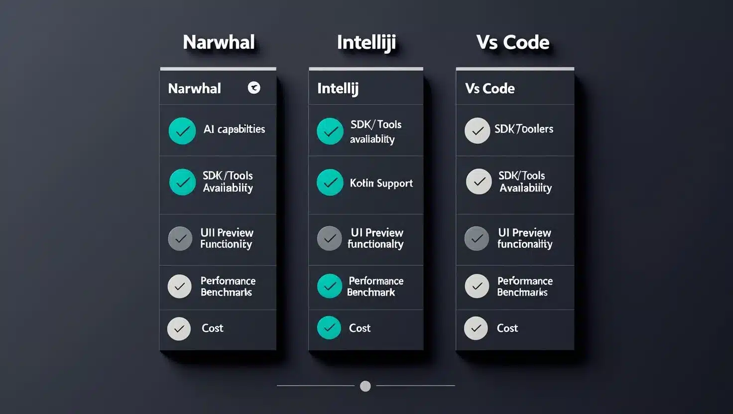 Comparison Matrix — AS vs IntelliJ vs VS Code Feature comparison matrix of Android Studio Narwhal, IntelliJ, and VS Code