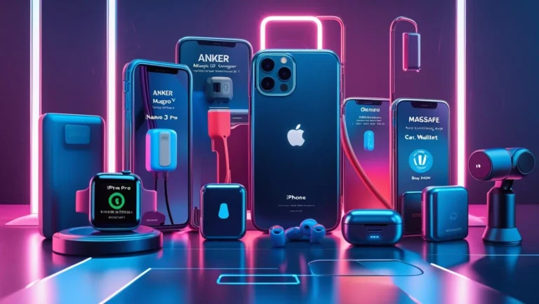 Collage of 10 must-have iPhone 2025 accessories around an iPhone 16 Pro