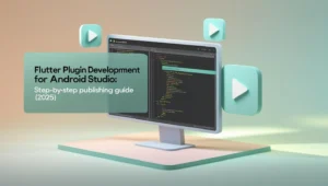 Isometric 3D view of Android Studio with Dart and Kotlin plugin code, orbiting pub.dev and Play Store icons