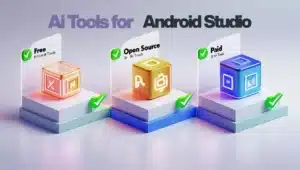 Futuristic 3D Android Studio workspace with AI holograms and coding interface