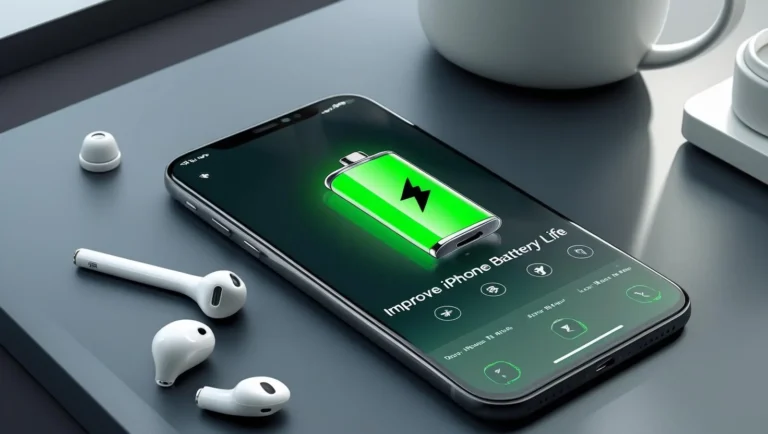 odern iPhone with green battery icon, settings gear, and optimization symbols on sleek desk background – Improve iPhone Battery Life guide cover image