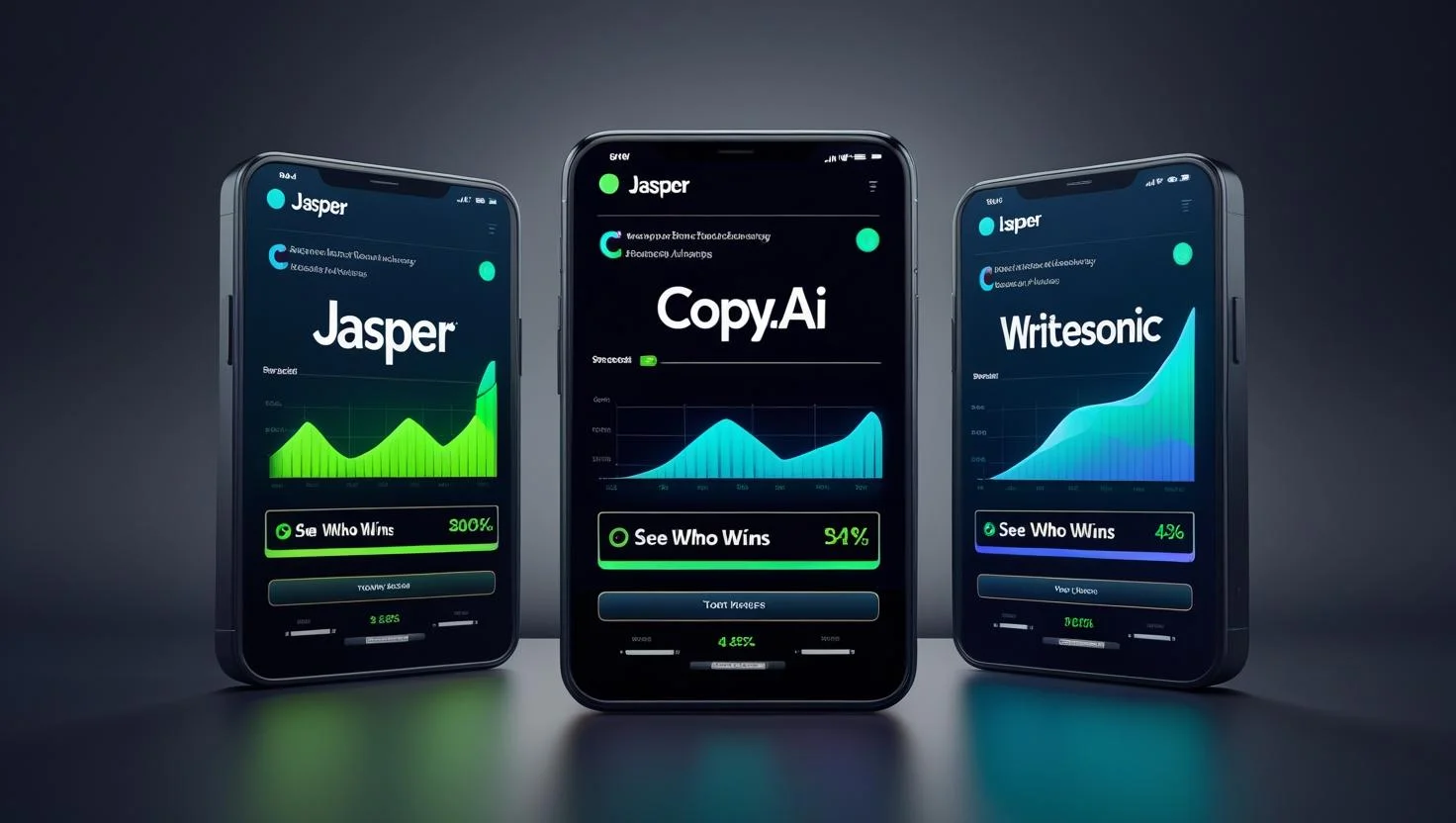Comparison table highlighting Jasper, Copy.ai, and Writesonic features and pricing