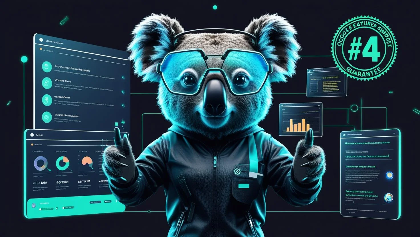 3D illustration of Koala AI software interface showing SERP analysis dashboard, content optimization scores, and AI-generated articles ranking #1 on Google search results. Futuristic cyberpunk design with neon green and blue accents.