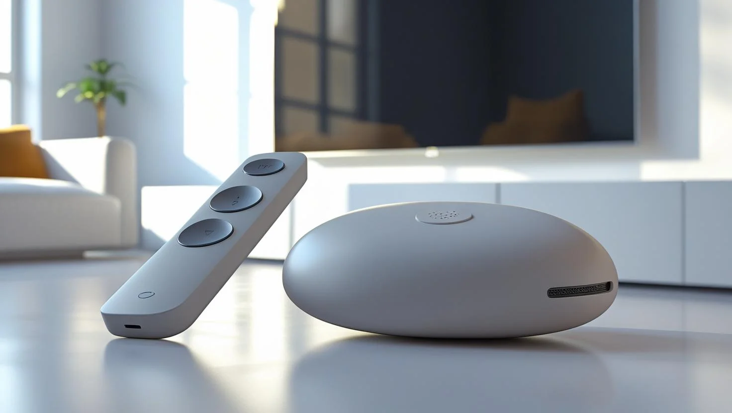 Minimalist White Streaming Dongle with Voice Remote Pebble‑shaped matte white streaming dongle paired with a slim remote featuring a microphone button, set in a bright modern living room with a large flat‑screen TV.