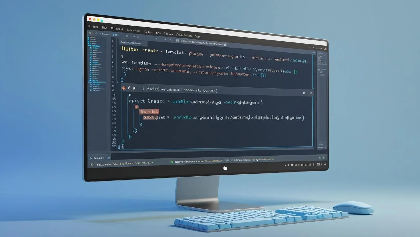 Plugin Project Scaffold 3D terminal running flutter create plugin command with Android Studio project tree”