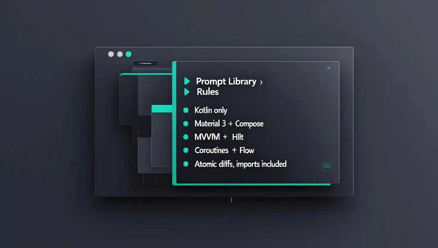 Prompt Rules — Team Conventions Prompt Rules panel showing Kotlin-only, Compose, MVVM, Hilt conventions