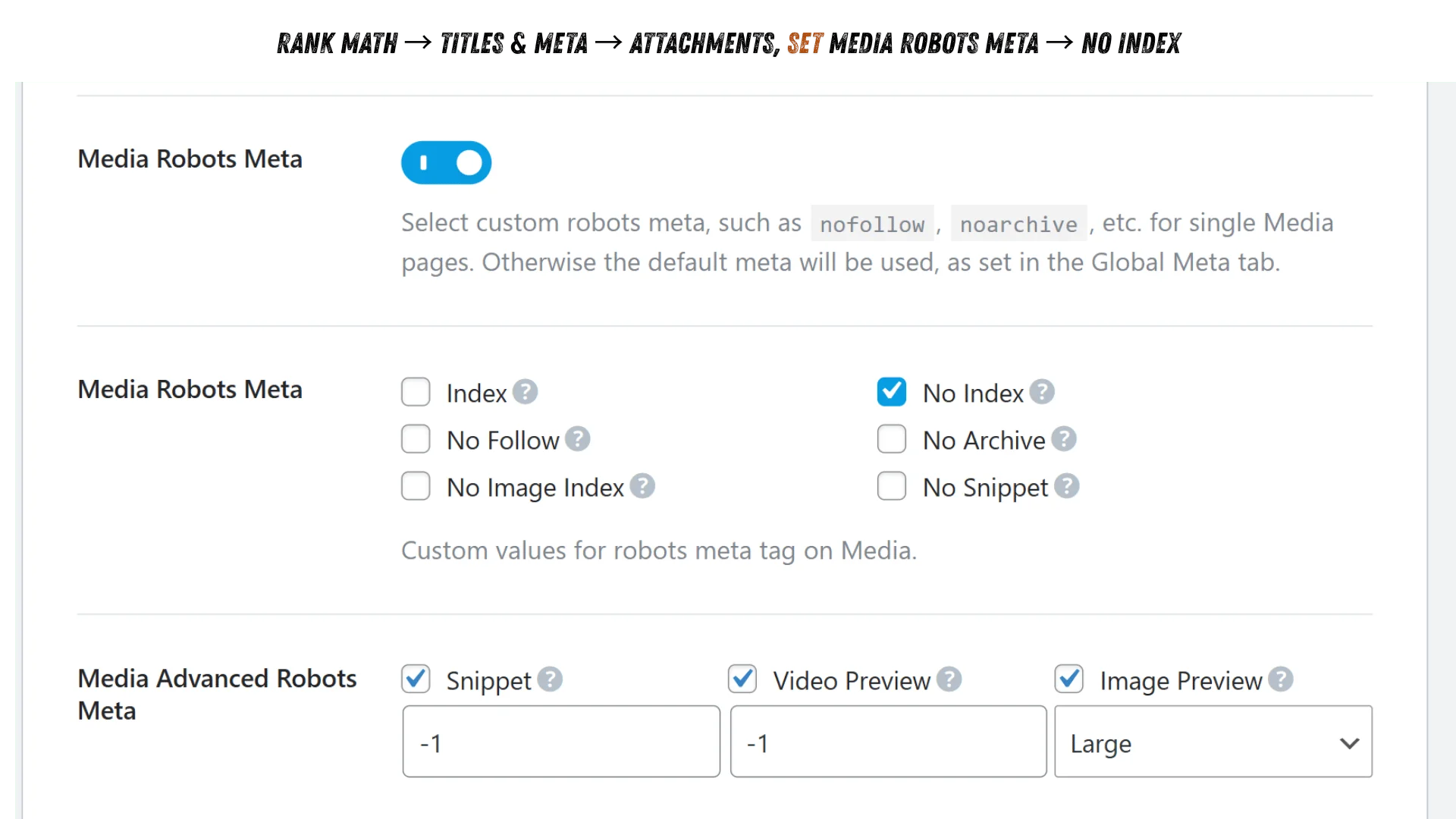 Noindex attachment pages in Rank Math SEO Rank Math Attachments settings with Media Robots Meta set to No Index