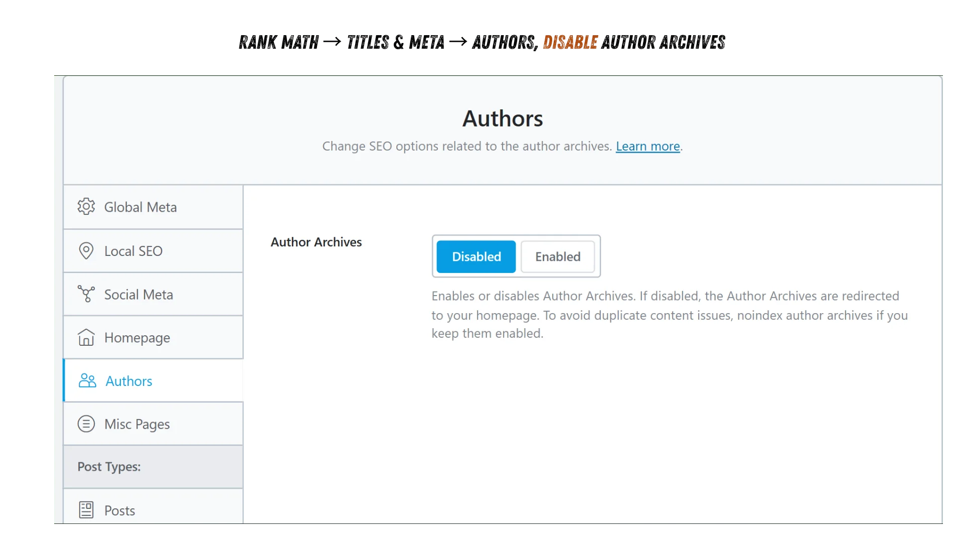 Disable author archive pages in Rank Math SEO Rank Math Authors settings with Author Archives disabled