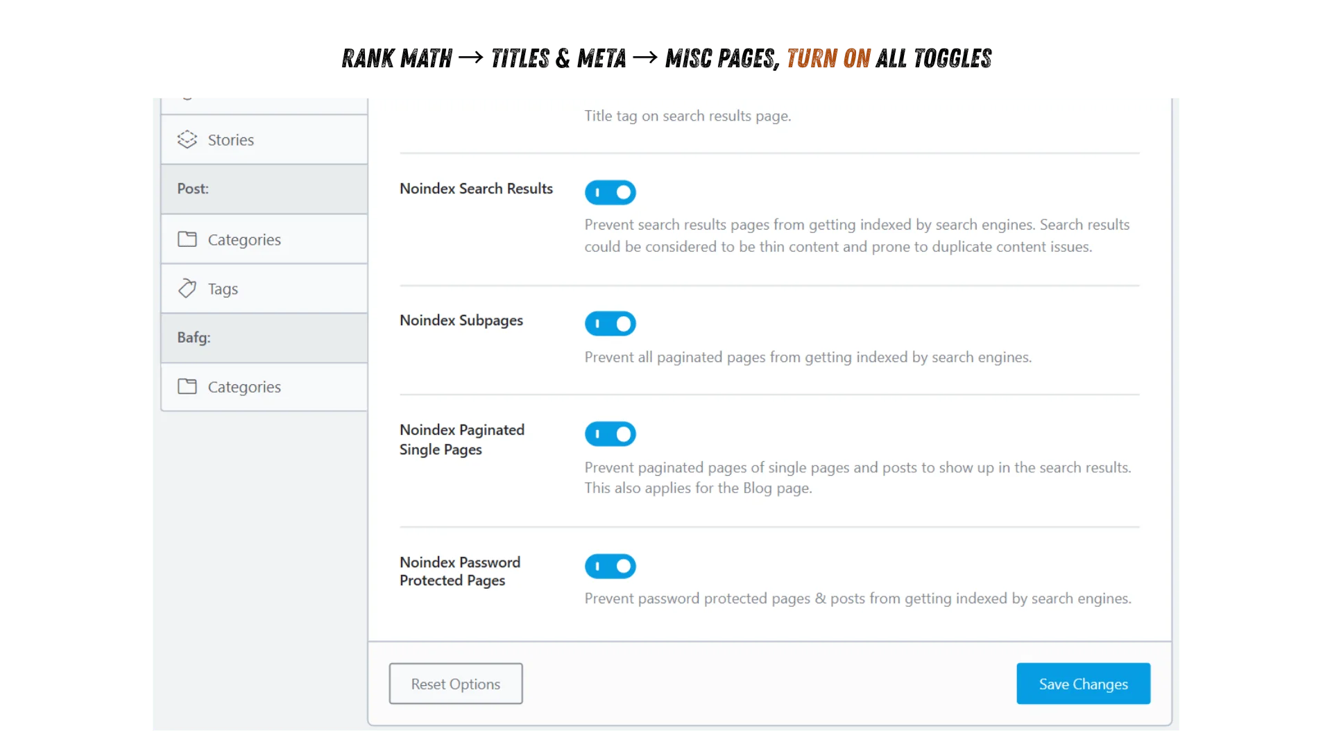 Noindex search results, pagination, and password-protected pages in Rank Math Rank Math Misc Pages settings with all noindex toggles enabled