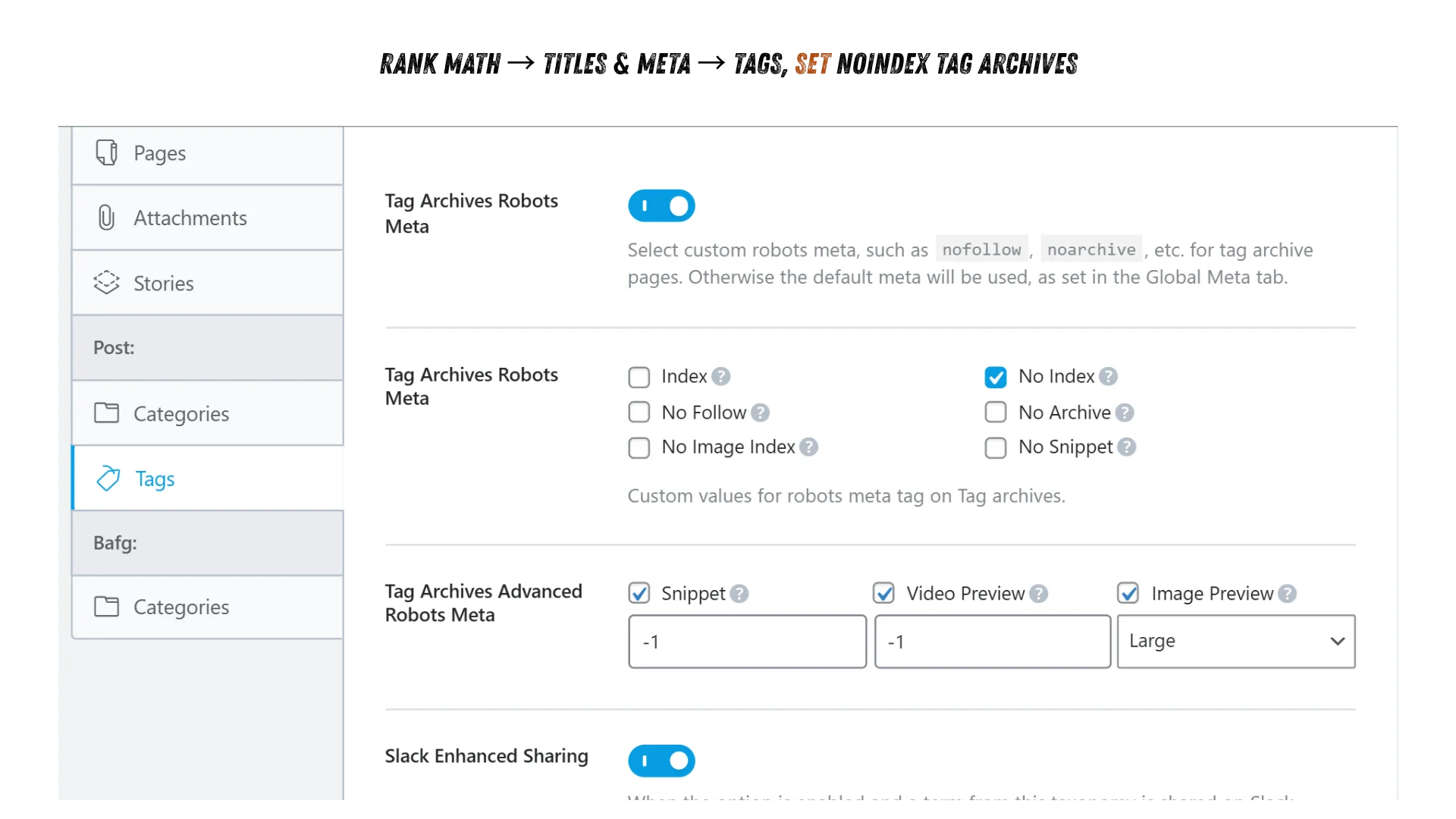 Noindex tag archive pages in Rank Math SEO Rank Math no index settings Tags settings with Tag Archives Robots Meta set to No Index
