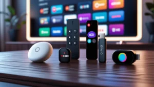 Three modern streaming devices with remotes arranged in front of a large TV displaying colorful streaming service icons, symbolizing top streaming options of 2025.