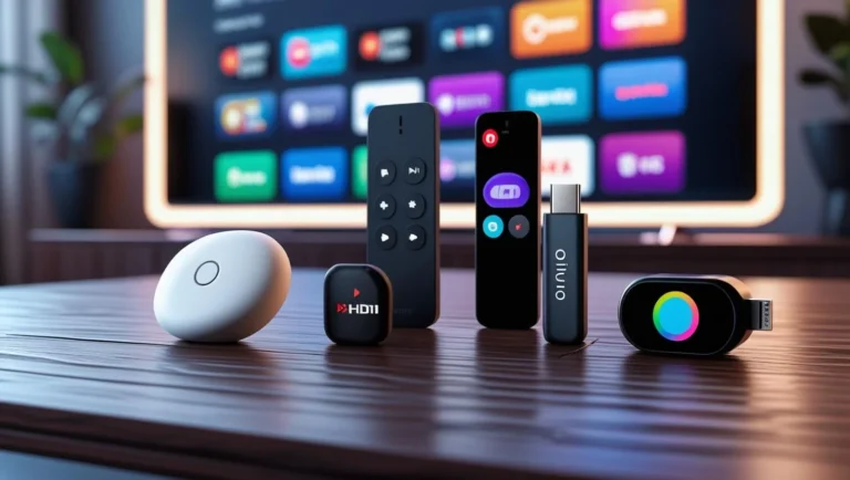 Roku vs Firestick vs Chromecast: Best Streaming Device in 2025 Three modern streaming devices with remotes arranged in front of a large TV displaying colorful streaming service icons, symbolizing top streaming options of 2025.