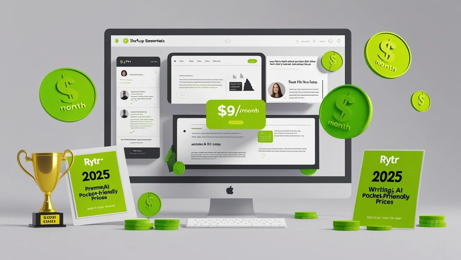 3D illustration of Rytr AI's affordable content generation platform creating blog posts, social media copy, and emails with clear $9/month pricing displayed.