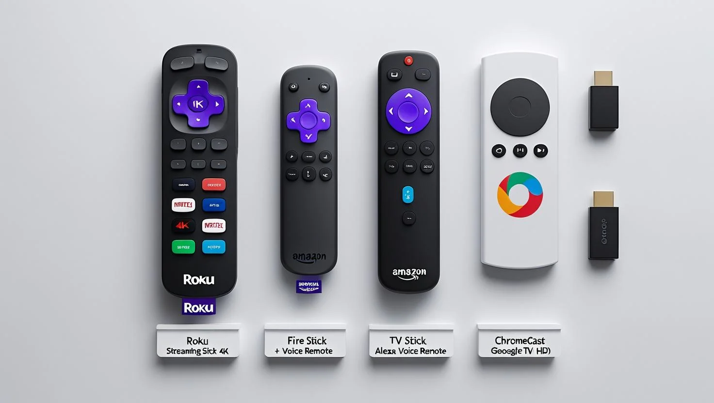 Streaming Device Styles Compared – 2025 roku vs firestick vs chromecast Three unique streaming devices with remotes displayed side by side on a clean white surface, each with distinct shapes and button designs.