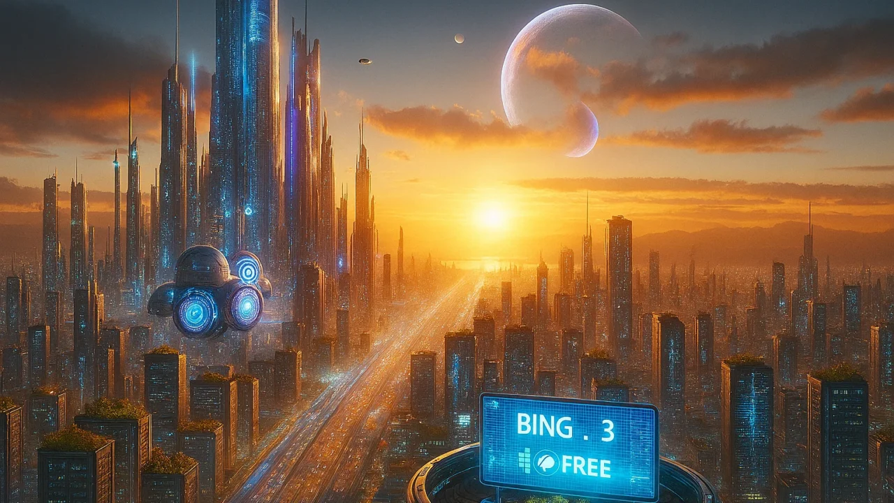 A futuristic city at sunset image created by bing DALL-E 3 free A futuristic city at sunset image created by bing DALL-E 3 free