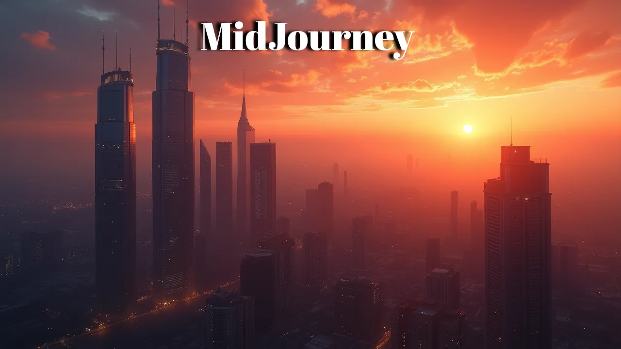 a futuristic city at sunset created by midjourney an image comparison between DALL.E 3 and midjourney created images by prompt (text to image)