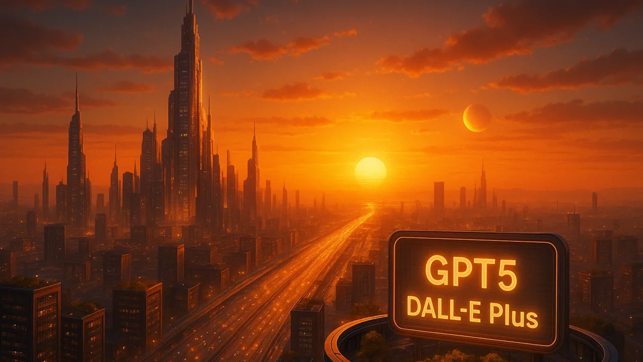 a futuristic sun set in a city create an image with aspect ratio 16 ratio 9 with title GPT5 DALL-E Plus a futuristic sun set in a city create an image with aspect ratio 16 ratio 9 with title GPT5 DALL-E Plus