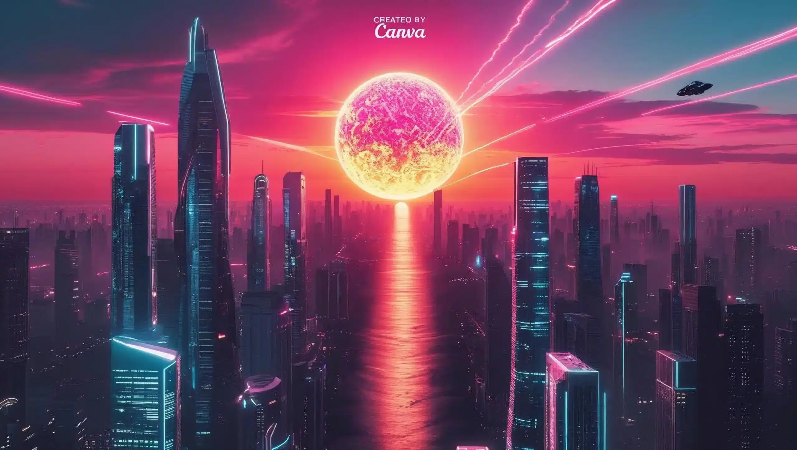 a futuristic sun set in a city_ insert this title _created by Canva_ at the top centre of the image a futuristic sun set in a city created by Canva Ai