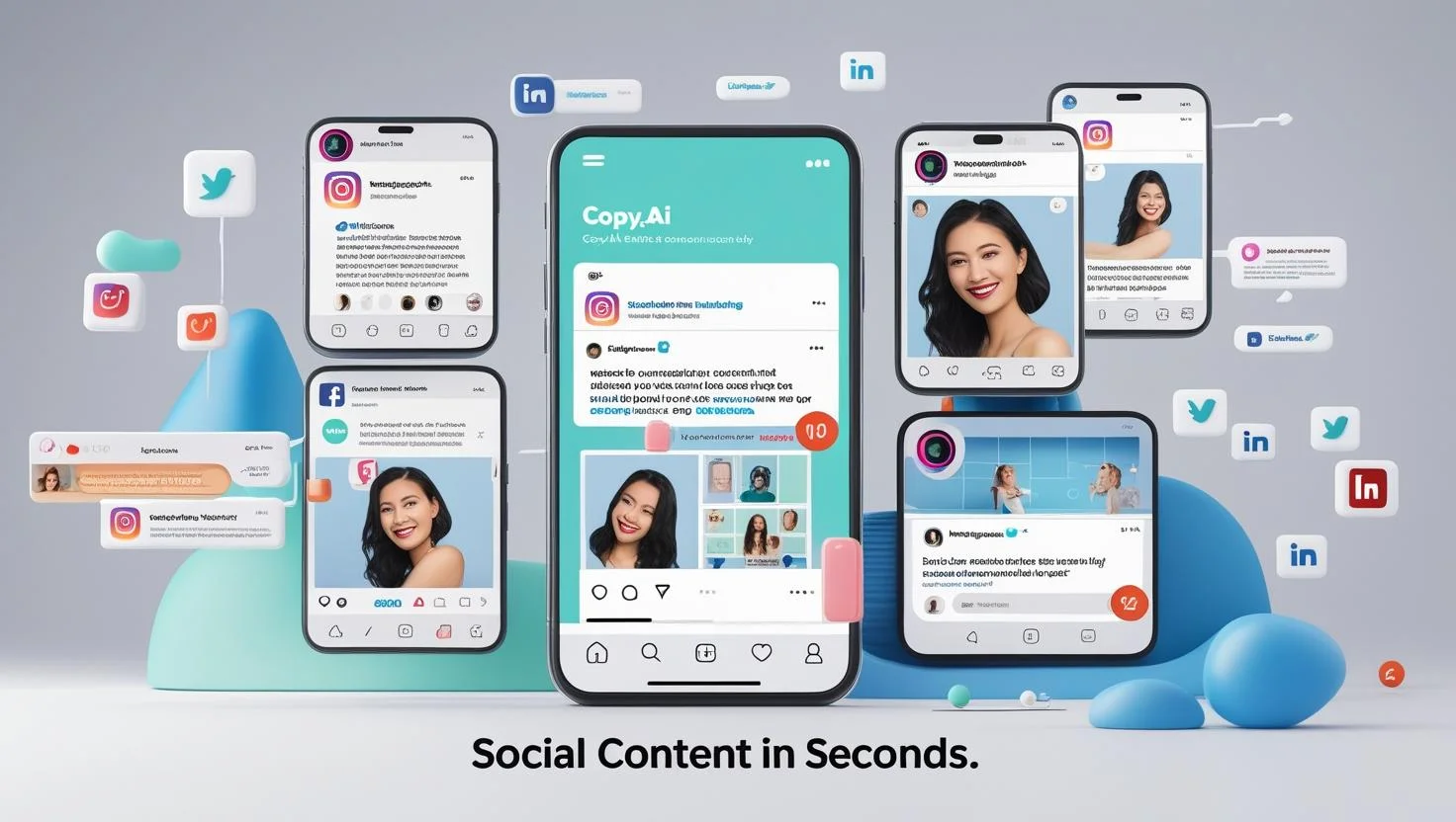 Copy.ai generating engaging social media content for Instagram, Facebook, LinkedIn