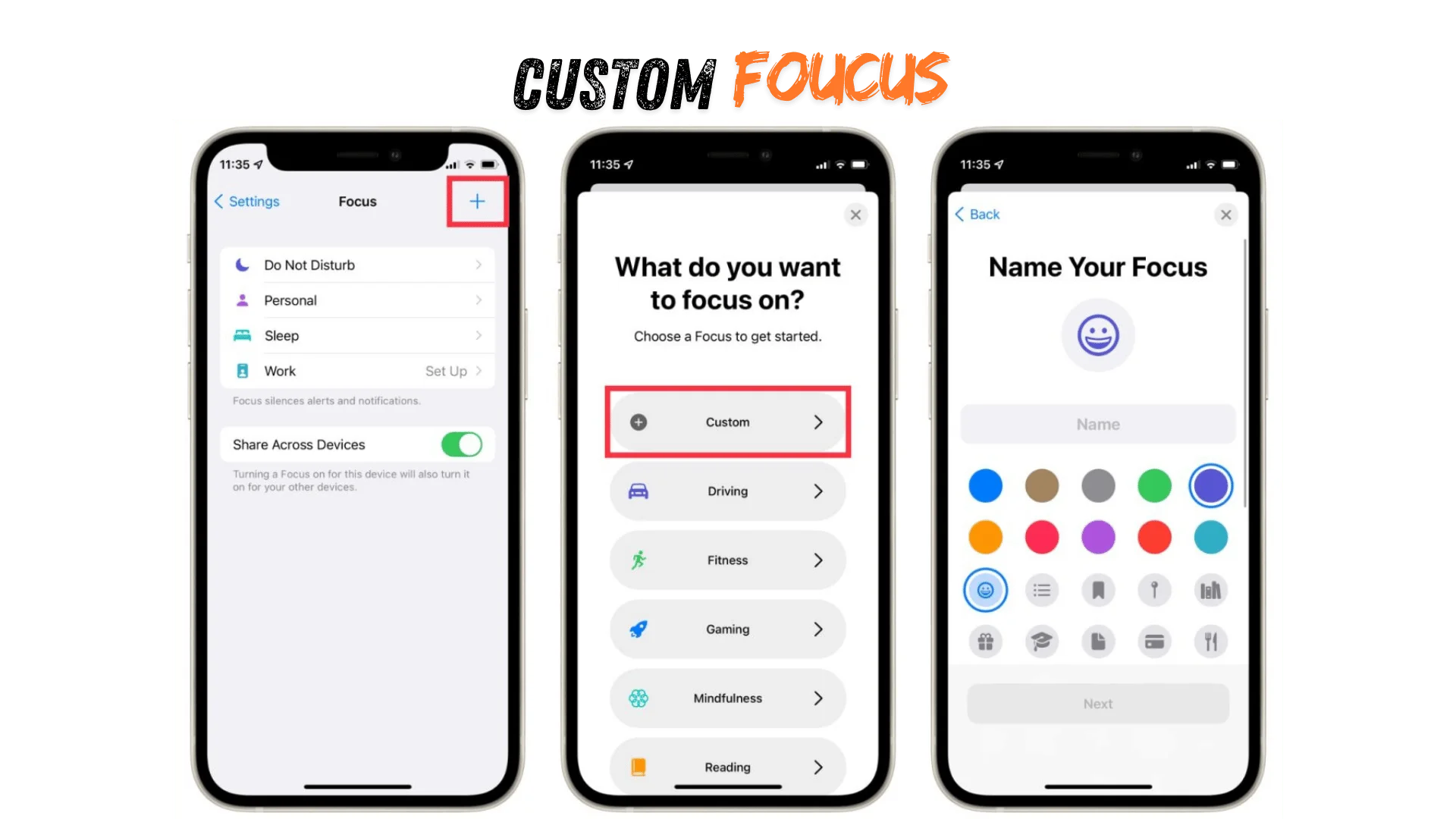 Custom Focus Mode Setup on iOS Creating a custom Focus mode in iOS with personalized settings.