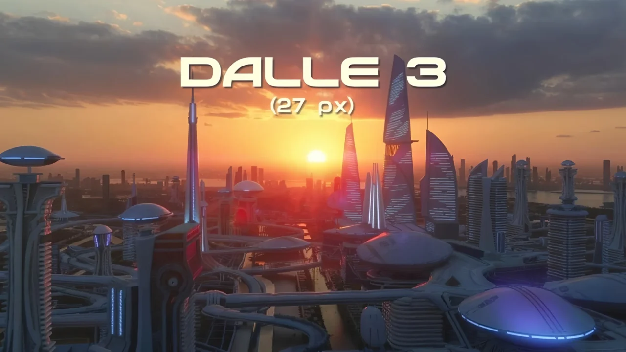 openart-a-futuristic-city-at-sunset-created-by-dalle-3 an image comparison between DALL.E 3 and midjourney created images by prompt (text to image)