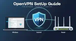 OpenVPN setup guide for Windows, Android, and Router with shield security logo