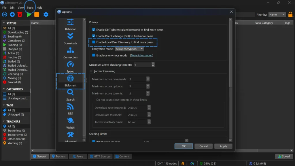 Torrent Client Settings DHT, PeX, LSD: That Matters to change (2025) qbittorrent dht pex lsd settings