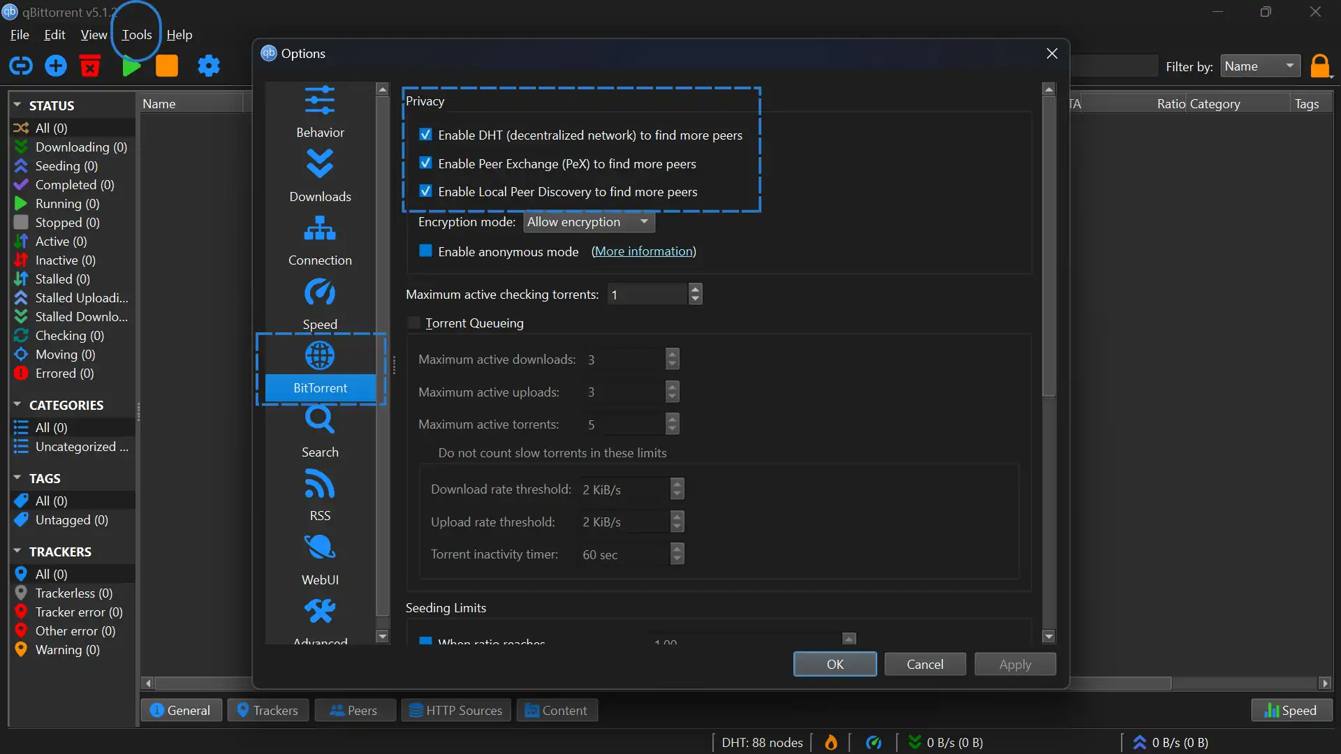 DHT, PeX, LSD enabled in qBittorrent qBit torrent client settings menu with DHT, PeX, LSD enabled