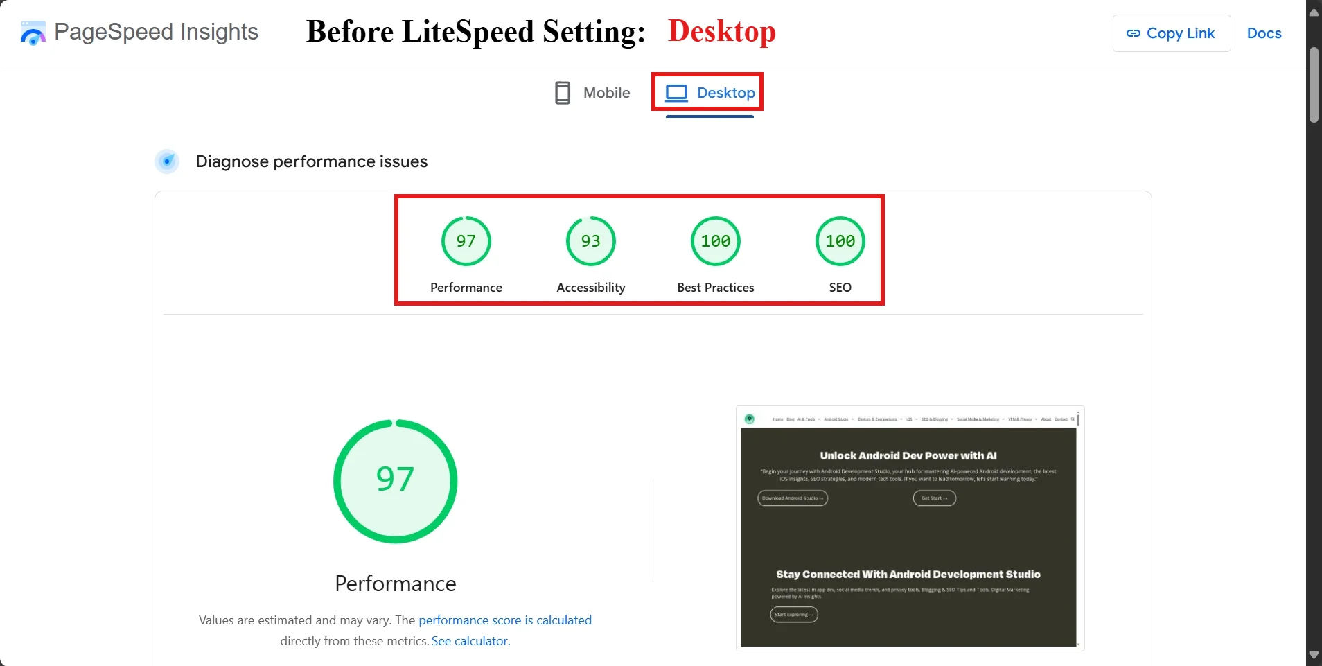 LiteSpeed on Hostinger: Core Web Vitals Settings That Work Faster 2025 Before setting Up the litespeed cache: Desktop result