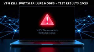 Laptop screen with VPN kill switch blocking Internet traffic after disconnect.
