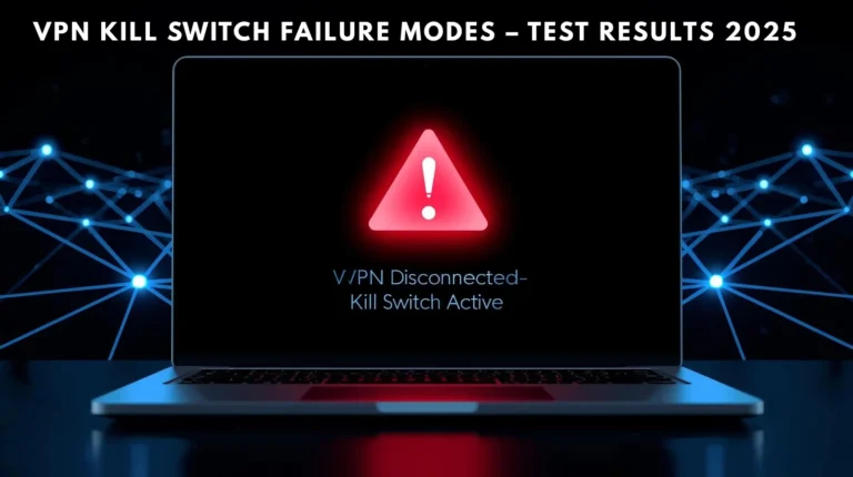 VPN Kill Switch Test: Failure Modes You Can Reproduce Laptop screen with VPN kill switch blocking Internet traffic after disconnect.