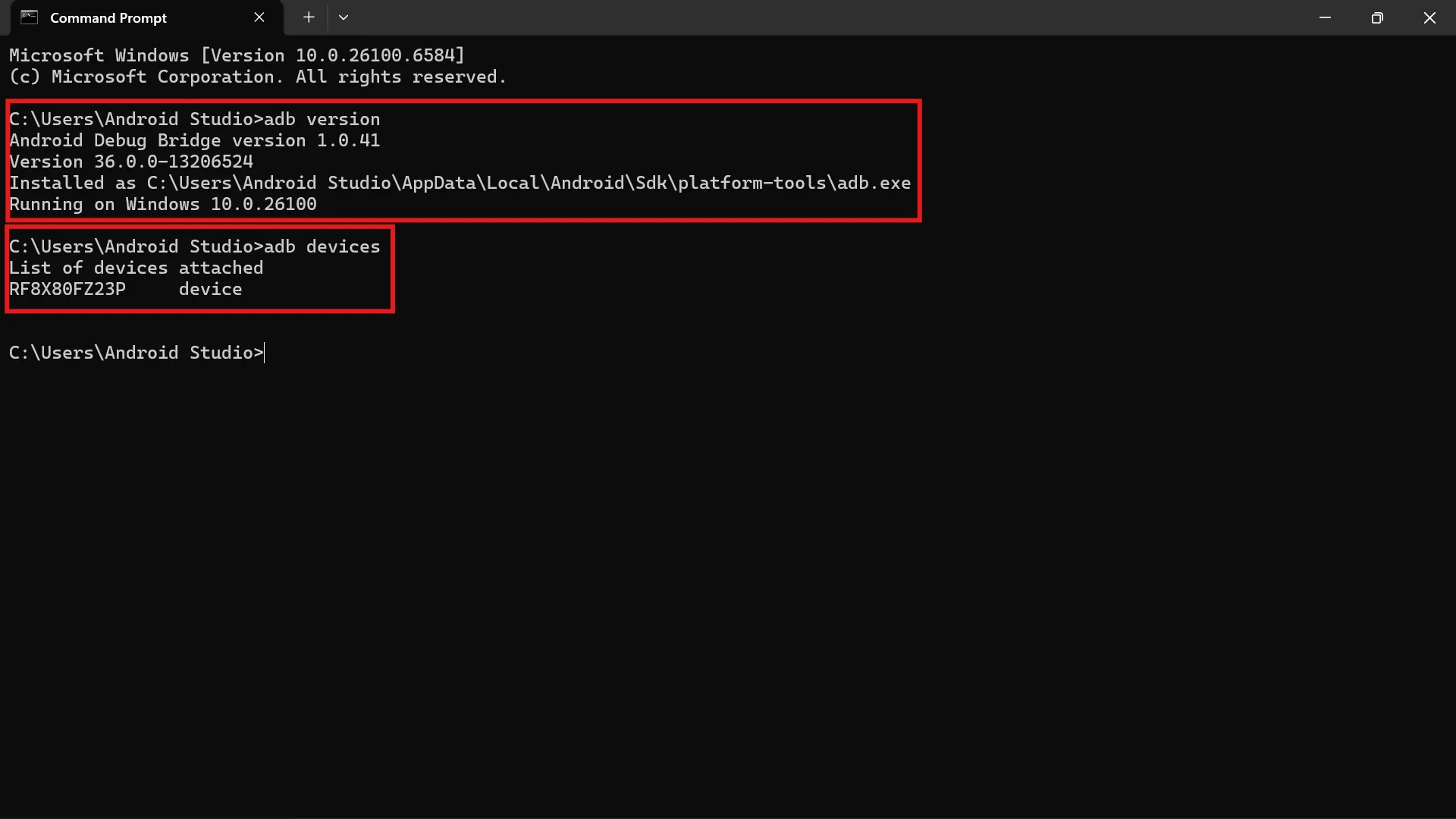 adb-showing-list-of-devices Command Prompt listing Samsung A15 device detected by ADB.