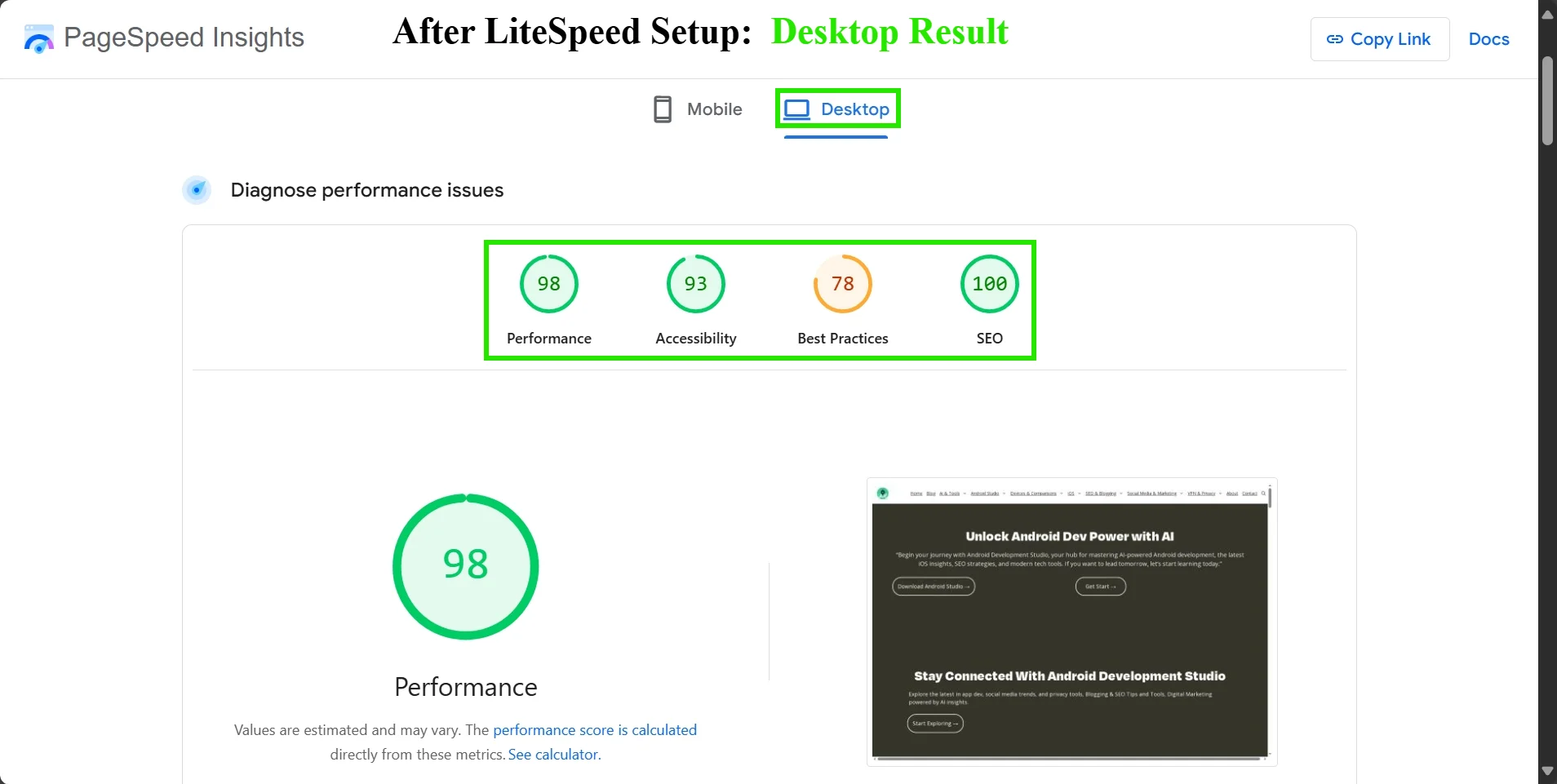 LiteSpeed on Hostinger: Core Web Vitals Settings That Work Faster 2025 After Setup liteSpeed Cache: Desktop view