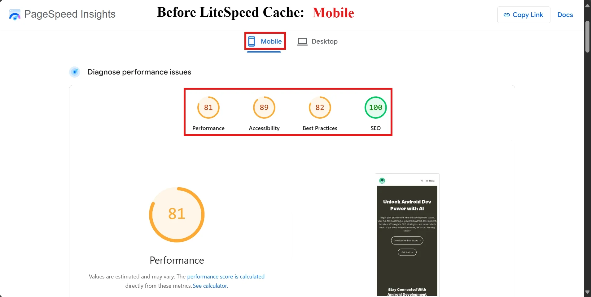 LiteSpeed on Hostinger: Core Web Vitals Settings That Work Faster 2025 Before setting Up the litespeed cache: mobile result
