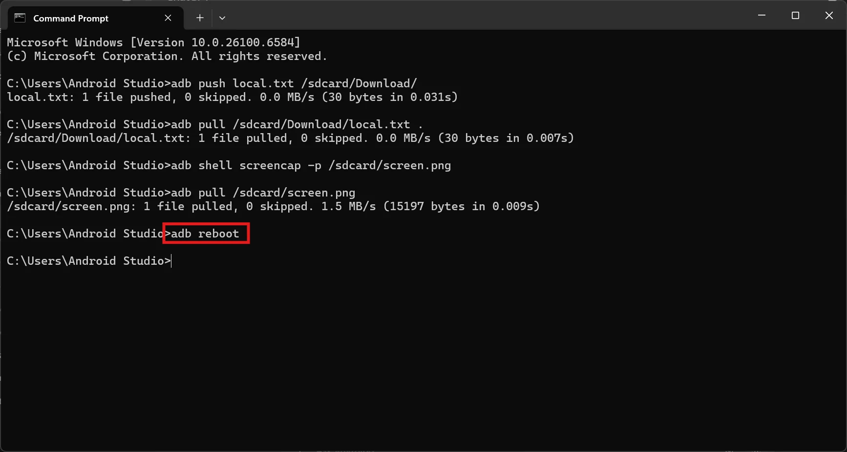 phone-roboot-through-adb Device reboot initiated using ADB command.