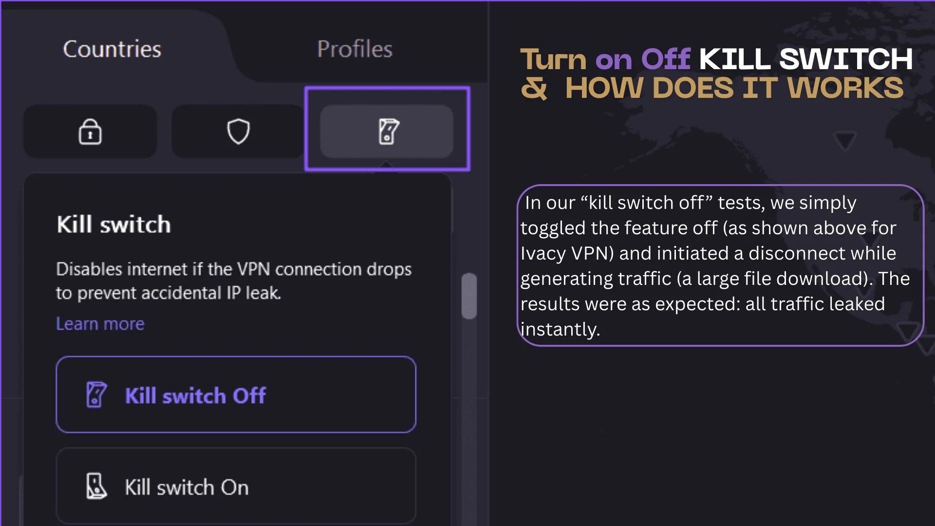 turning on off of vpn kill switch The Ivacy VPN settings screen with the red “Internet Kill Switch” switch in the OFF position.