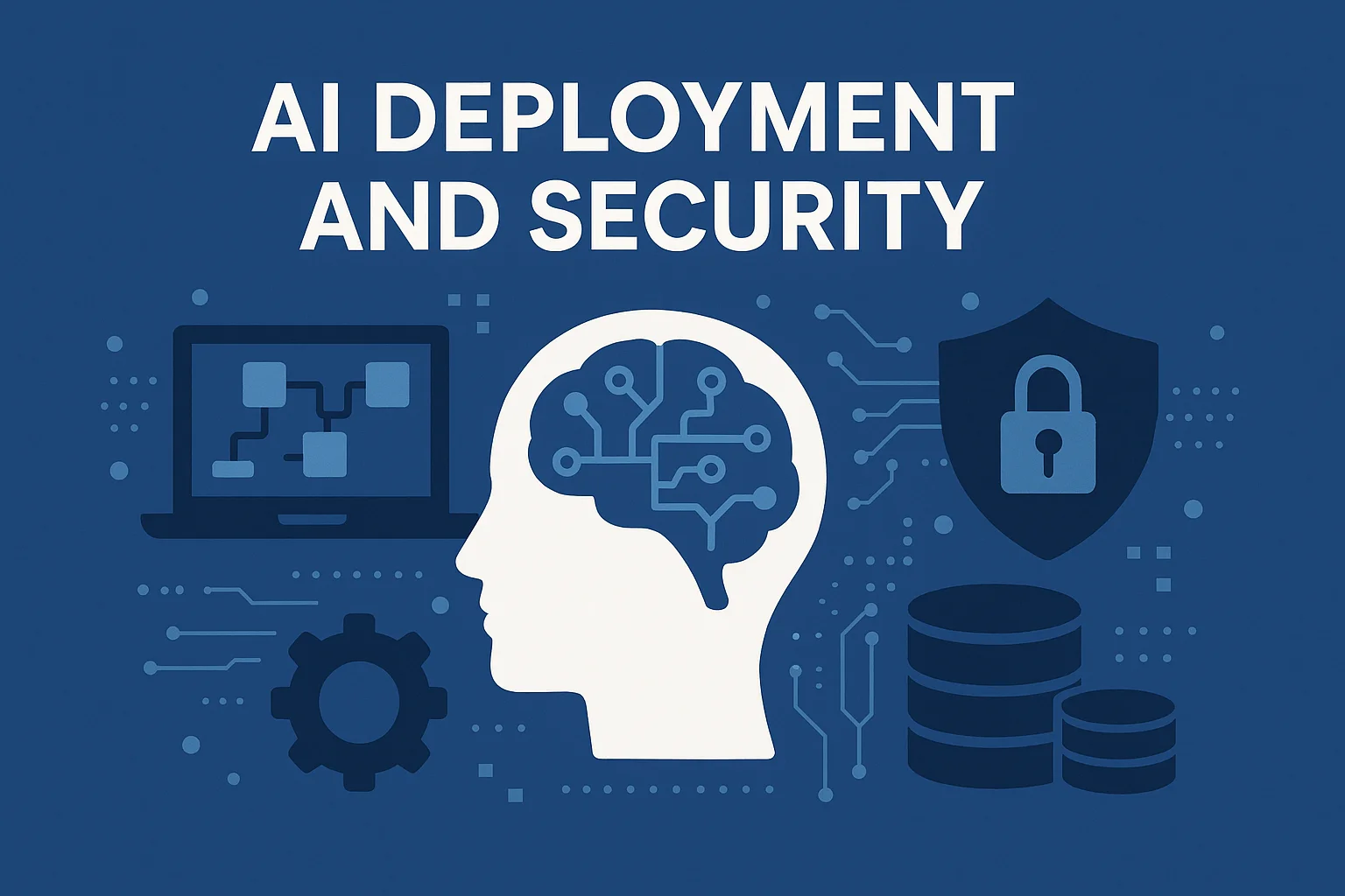 Ai Deployment and Security shows by an image which has human brains look like a network and there are inside images of laptop, showing data base and security.